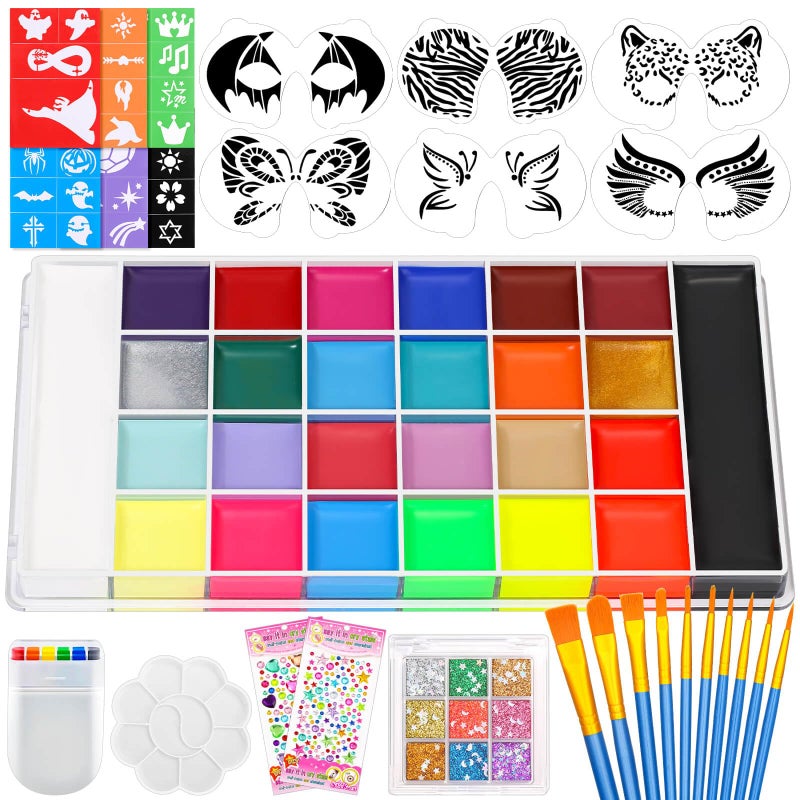Professional Face Painting Kit 26 Colors Oil Palette Face Paint with 6 Stencils 41 Stencil Stickers 10 Brushes 9 Body Glitter 2 Sheets Adhesive Gems Rainbow Facepaint for Kids Party  Halloween